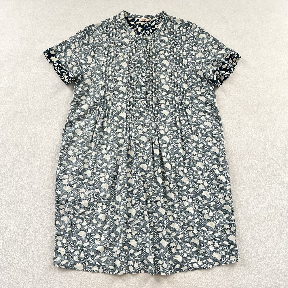 Faherty Indigo Echo Blue Floral Gemina Linen Short Sleeve Button Shirt Dress M